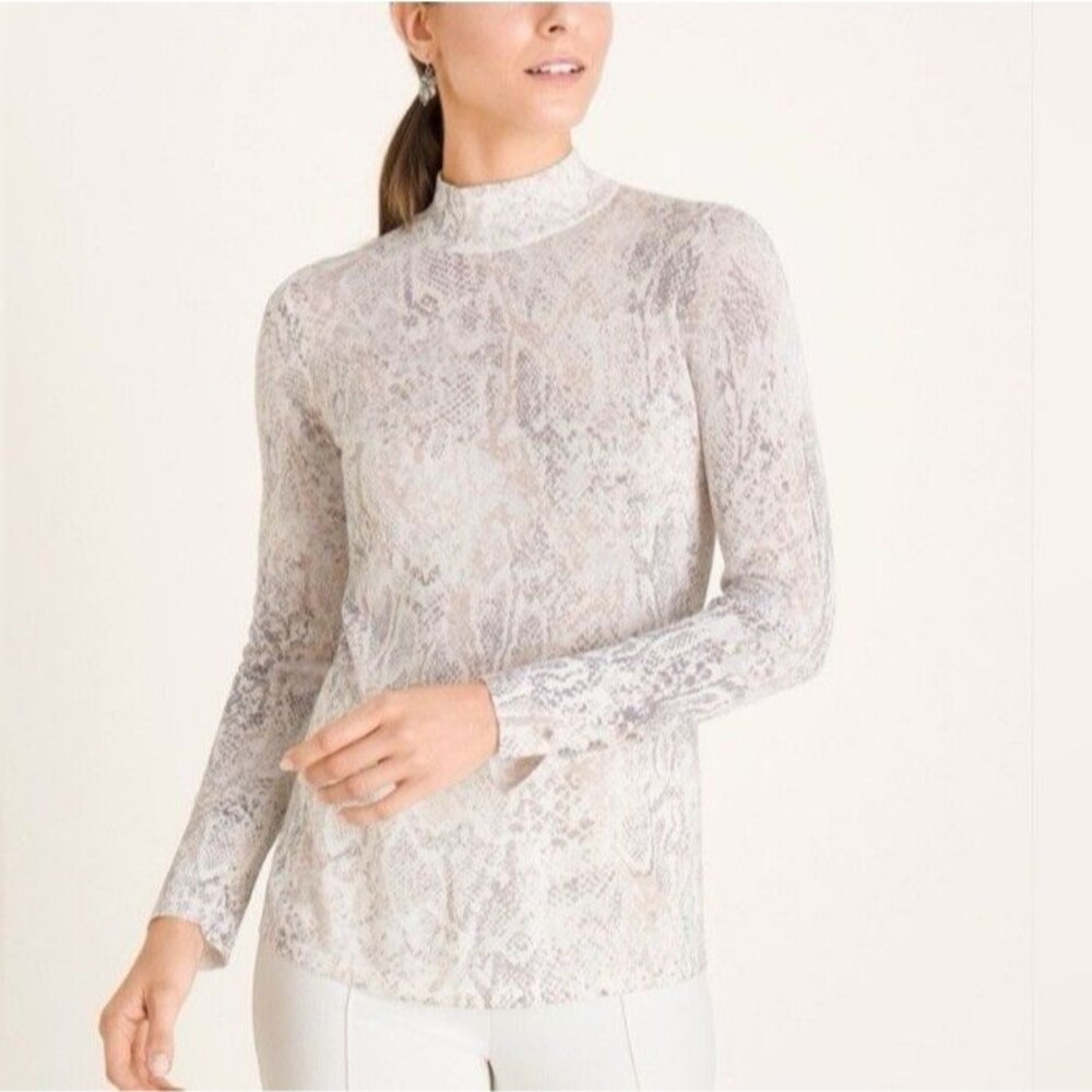 Chico’s Snake Print Mock Neck Top Large Long Sleeve Cotton Rayon Python